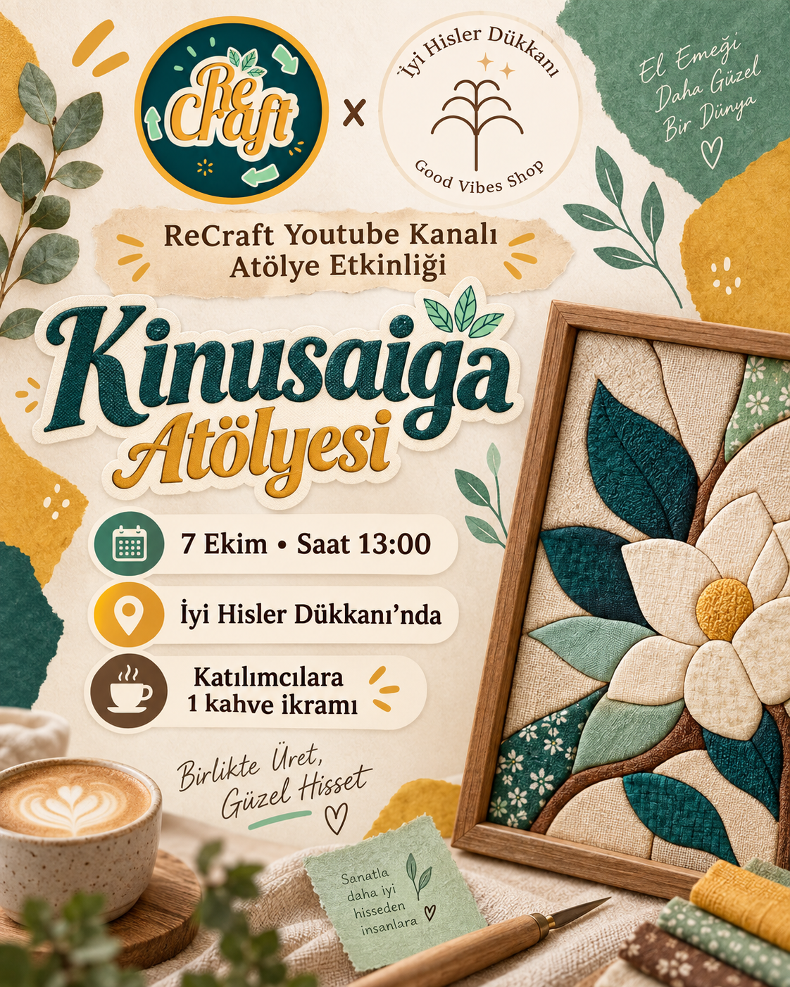 Kinusaiga Atölyesi afişi — ReCraft x İyi Hisler Dükkanı, 7 Ekim saat 13:00